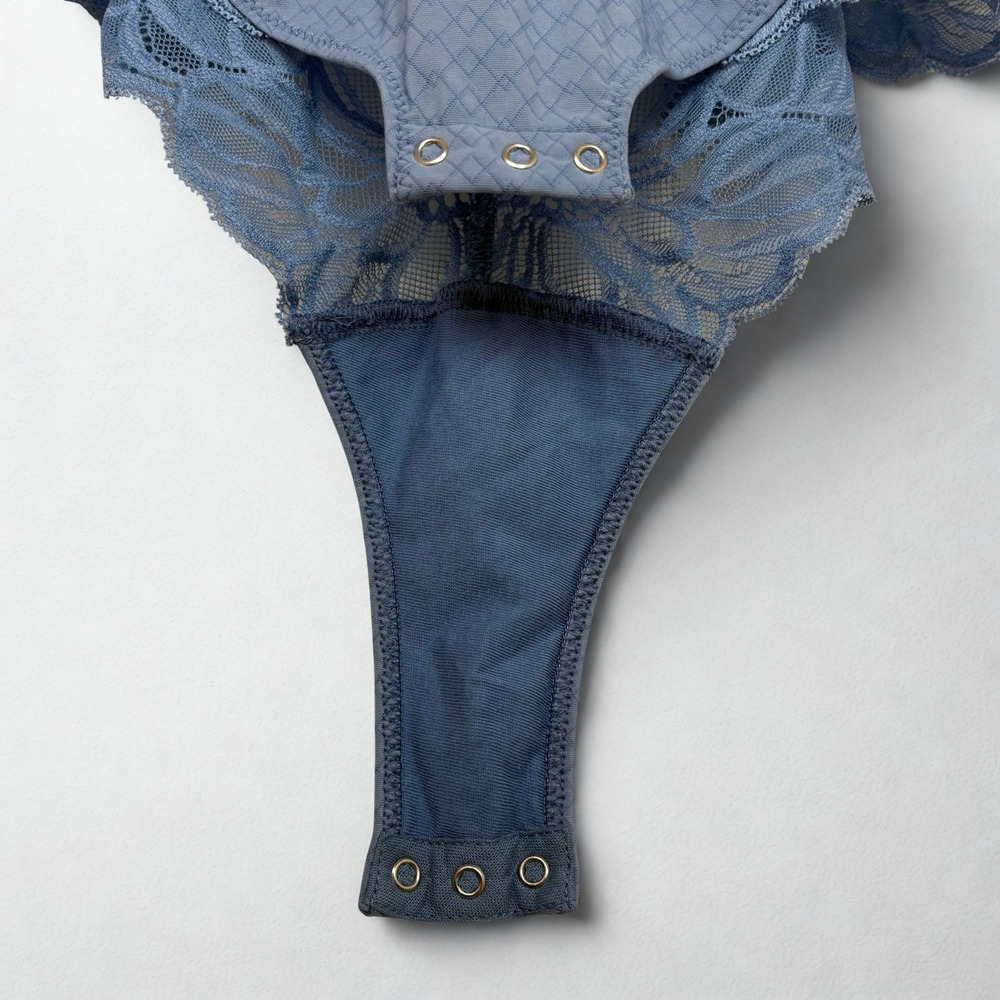 Hanro Marilyn Bodysuit Lace Trim Open-Back M Dusty Blue Coquette Lux Intimates - Picture 9 of 14